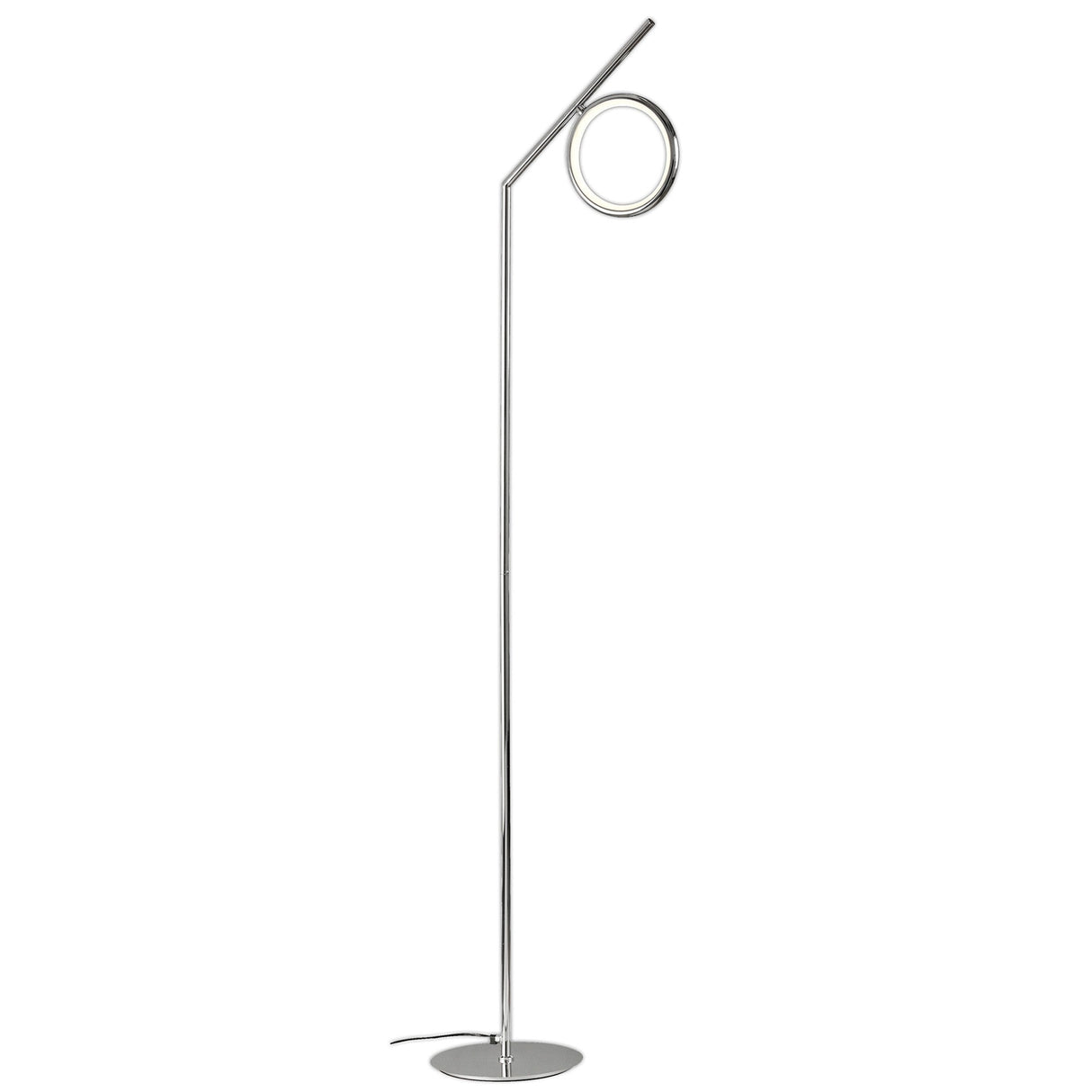 The Olimpia LED Floor Lamp 12W 3000K in chrome features a slim metallic stand, round base, and angled circular ring light at the top—a modern and stylish solution for contemporary lighting.