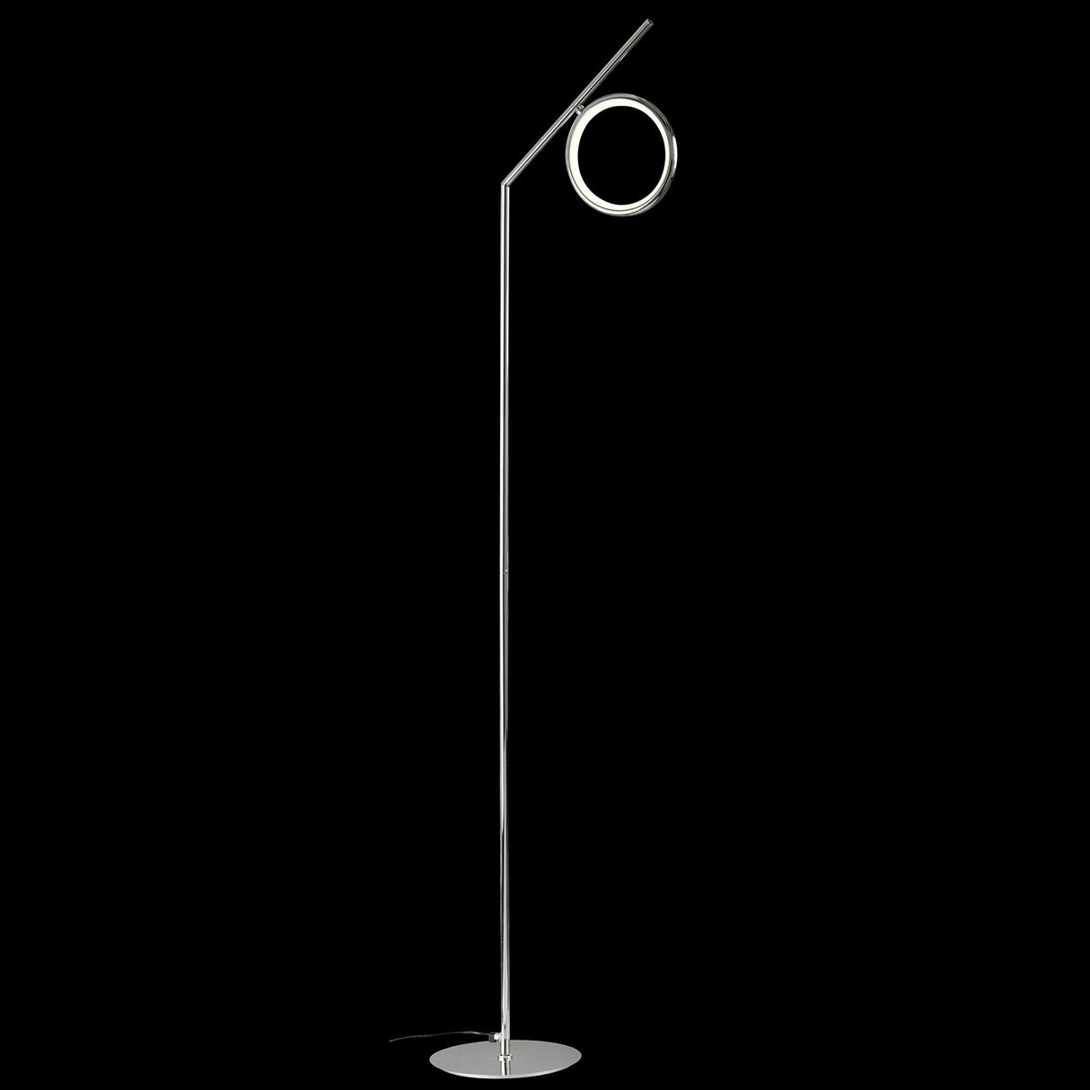 The Olimpia LED Floor Lamp 12W 3000K in Chrome features a slim, polished stand and a circular, downward-angled light. Its minimalist design adds sleek, modern lighting to any space, as shown against a plain black background.