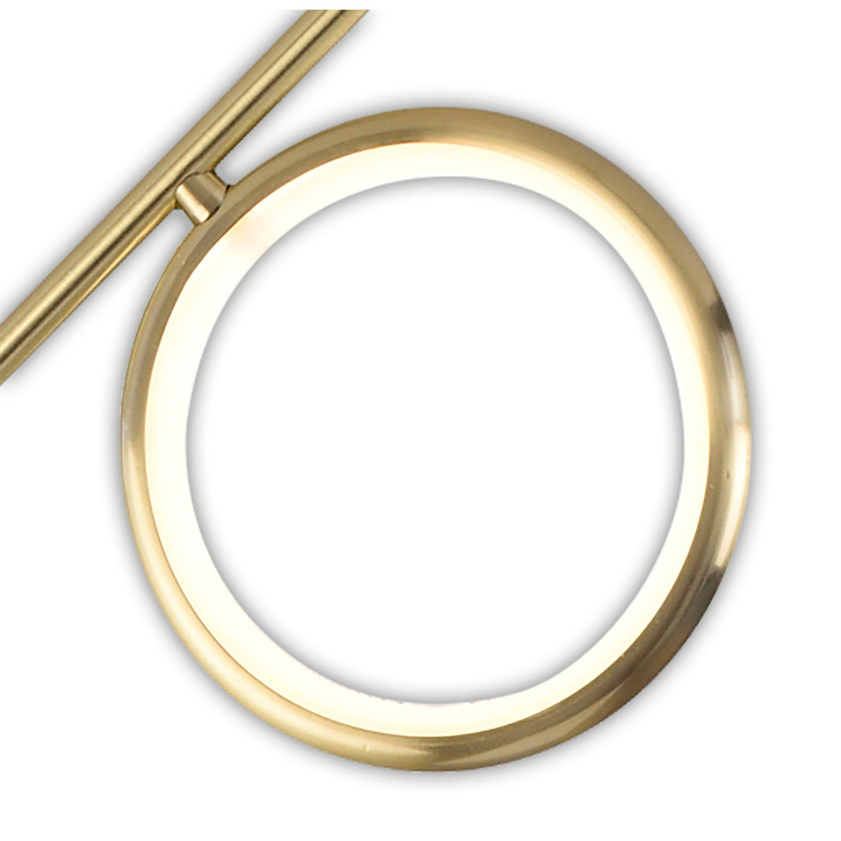 A close-up of the Olimpia LED Floor Lamp 12W 3000K in Satin Gold, featuring a minimal metallic frame with an off-center circular light and its supporting rod visible against a white background.