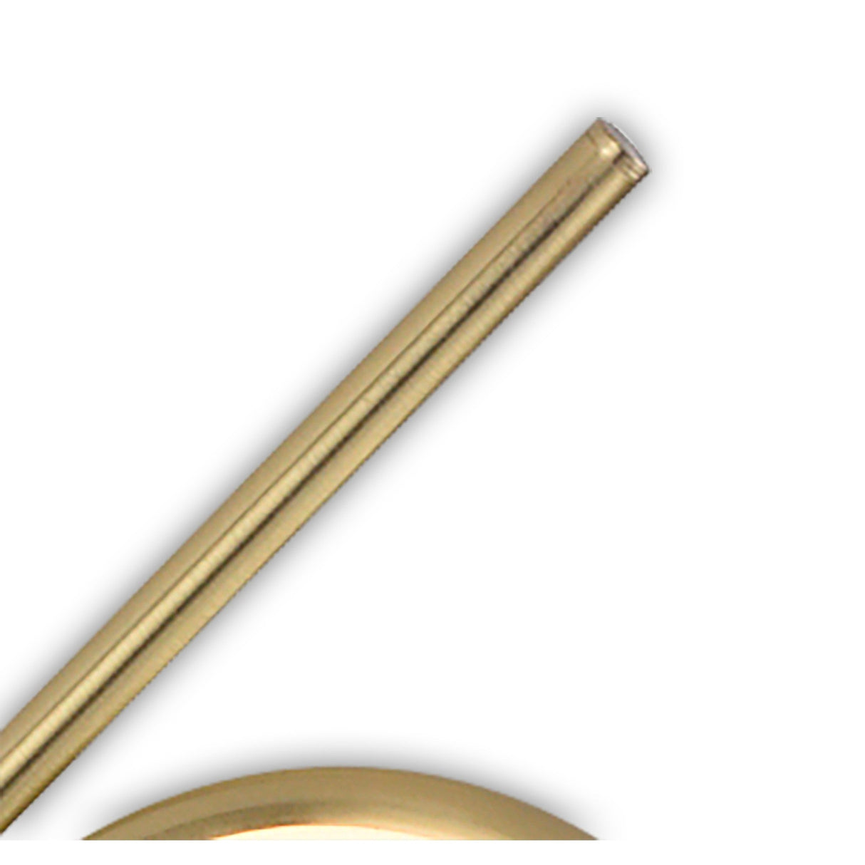 A close-up of the Olimpia LED Floor Lamp 12W 3000K in satin gold, shown diagonally above a round brass-toned base on a white background—showcasing modern minimalism.