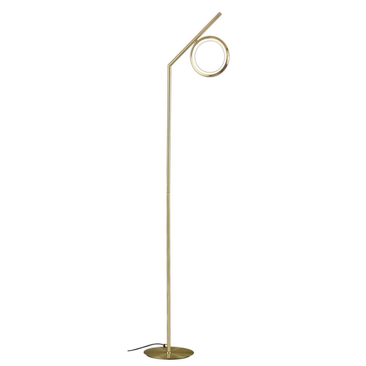 The Olimpia LED Floor Lamp 12W 3000K in satin gold features a slim, angled pole and circular top light, set on a round base with a visible power cord—perfect for modern minimalist spaces.