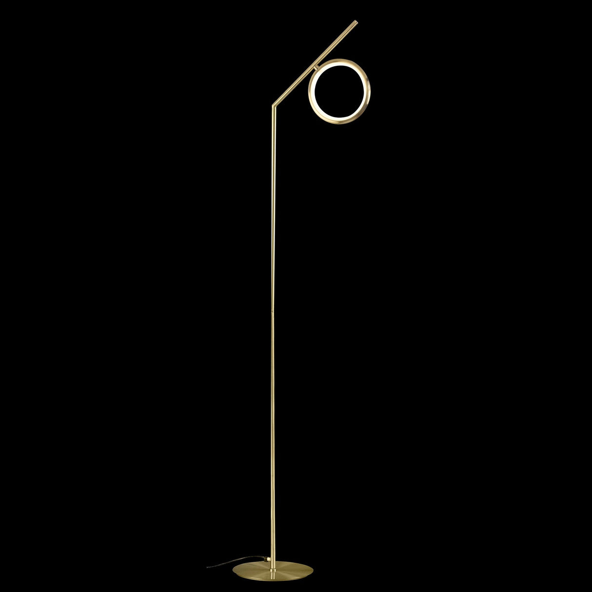 The Olimpia LED Floor Lamp 12W 3000K in Satin Gold features a slim, angled stand and a circular LED light at the top, offering modern minimalist style beautifully highlighted against a black background.