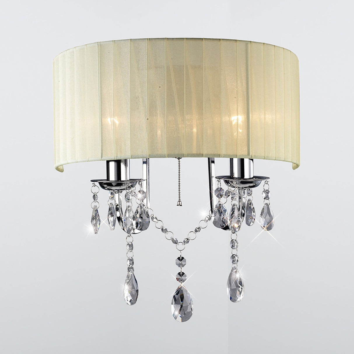 Olivia 2 Light Crystal Wall Light With Switch - Chrome With Cream Shade