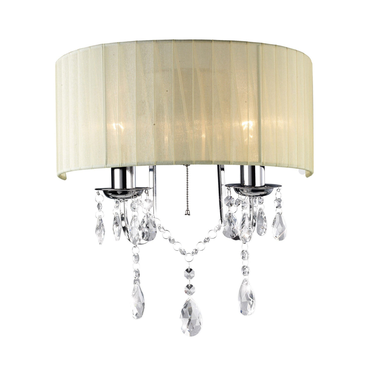 Olivia 2 Light Crystal Wall Light With Switch - Chrome With Cream Shade