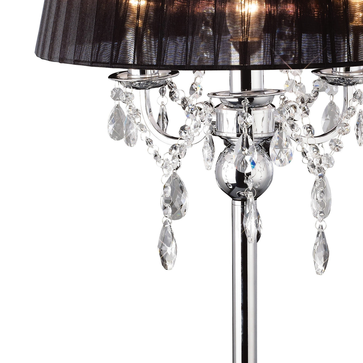 Close-up of the Olivia 3 Light Crystal Table Lamp in chrome with a black pleated shade and hanging crystal accents that reflect the light.