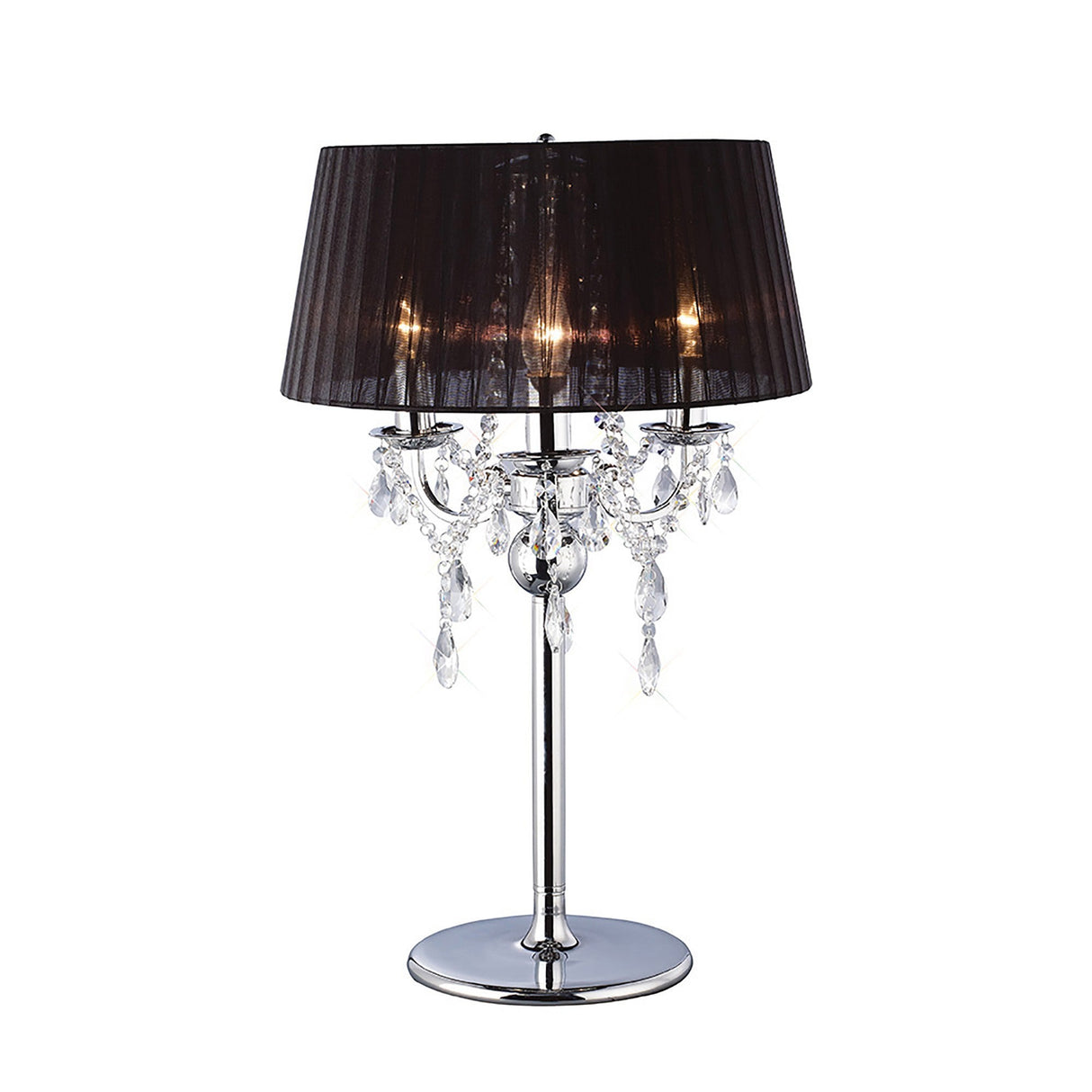 The Olivia 3 Light Crystal Table Lamp features a polished chrome base, curved arms with crystal accents, and a black shade for a warm, elegant glow.