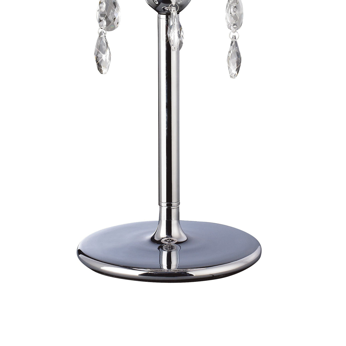 The image shows the polished chrome base and lower stem of the Olivia 3 Light Crystal Table Lamp, with clear crystal ornaments hanging near the top edge beneath its cream shade.