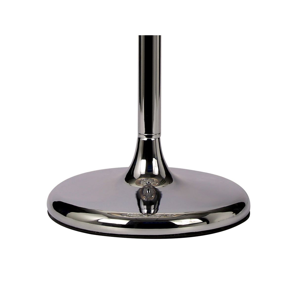 A close-up of the Olivia 3 Light Crystal Table Lamp's polished chrome circular base and vertical pole, set against a white background.