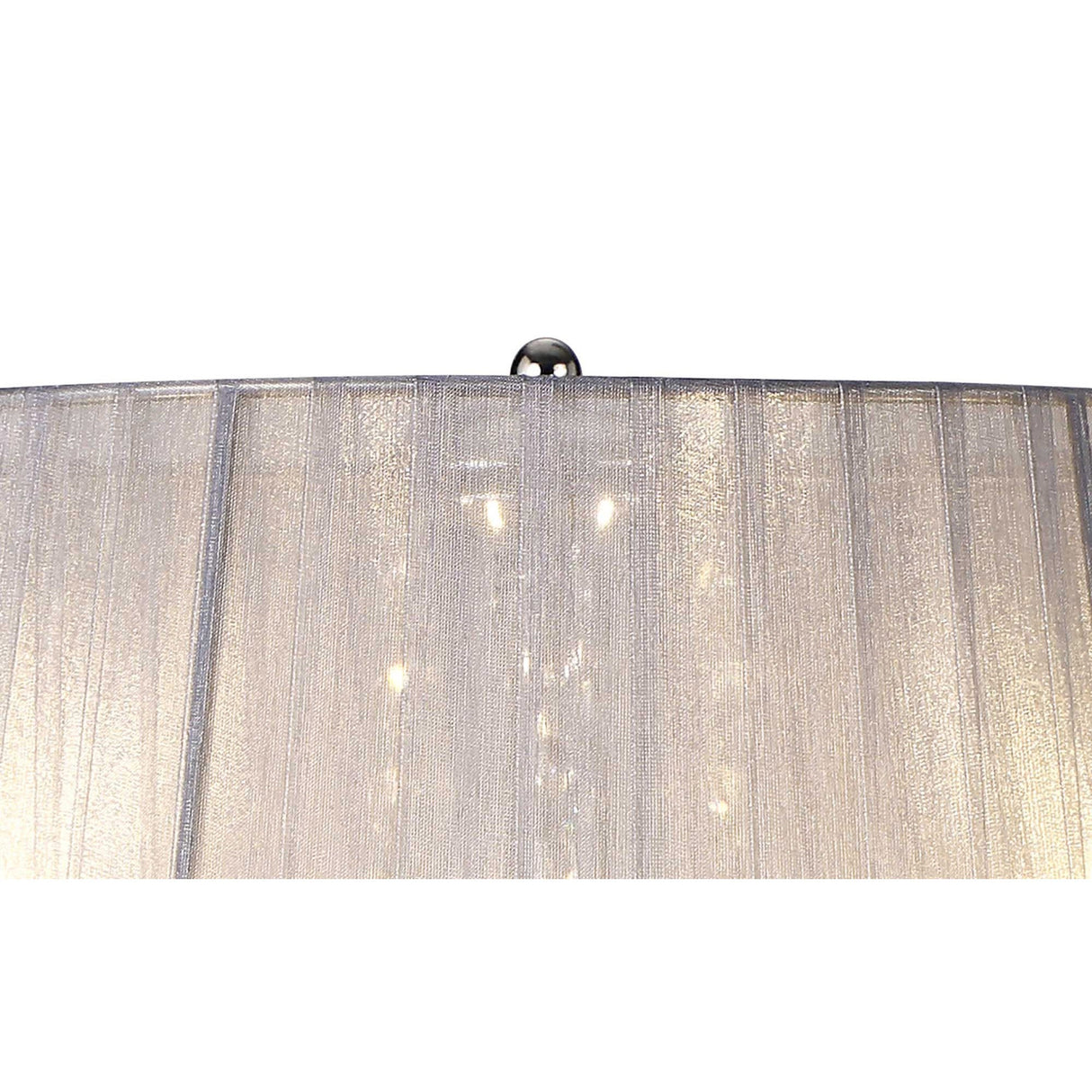 Close-up of the top portion of the Olivia 3 Light Crystal Table Lamp in chrome with a grey, textured lampshade featuring vertical lines, ambient lighting from subtle bulbs, and accented by a polished chrome finial.