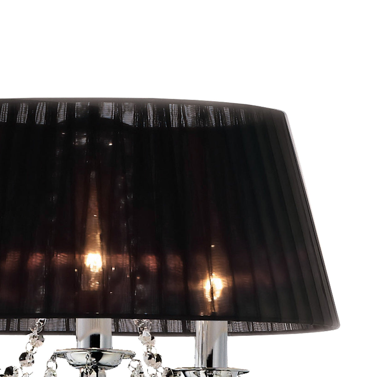 A close-up of the Olivia 3 Light Crystal Floor Lamp in chrome, featuring a black pleated shade and visible bulbs, set against a white background.