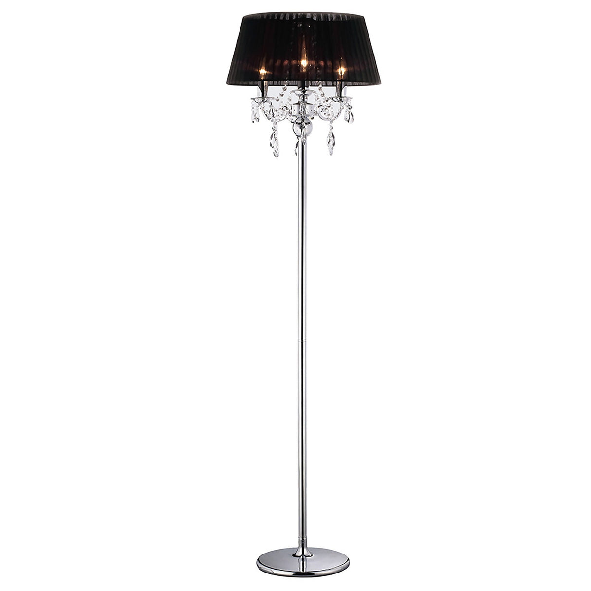 The Olivia 3 Light Crystal Floor Lamp features a chrome stand, round base, black shade, and dangling crystal accents, bringing modern elegance to any room.