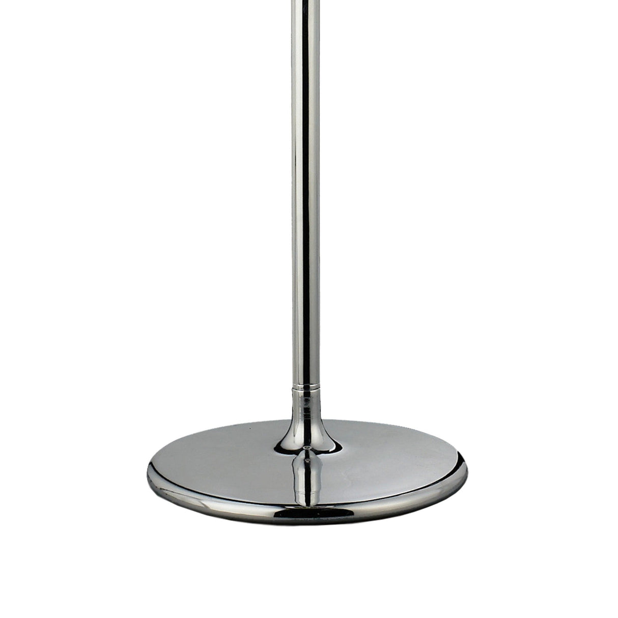 A close-up of the Olivia 3 Light Crystal Floor Lamp features its shiny chrome base and tall frame, standing elegantly against a white background with a cream shade.