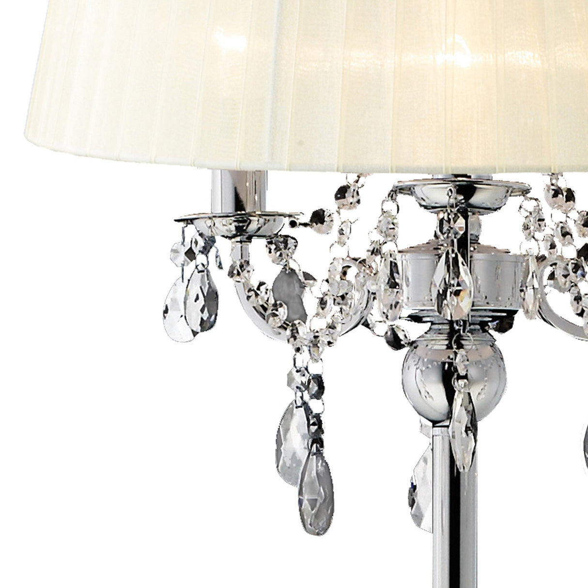 The Olivia 3 Light Crystal Floor Lamp features a pleated cream shade, chrome accents, and faceted crystal decorations for a luxurious, sophisticated look.