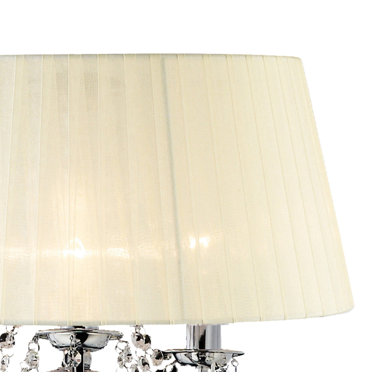 A close-up of the Olivia 3 Light Crystal Floor Lamp in chrome, featuring a cream pleated shade and shiny metallic base, partially visible at the bottom of a plain white background.