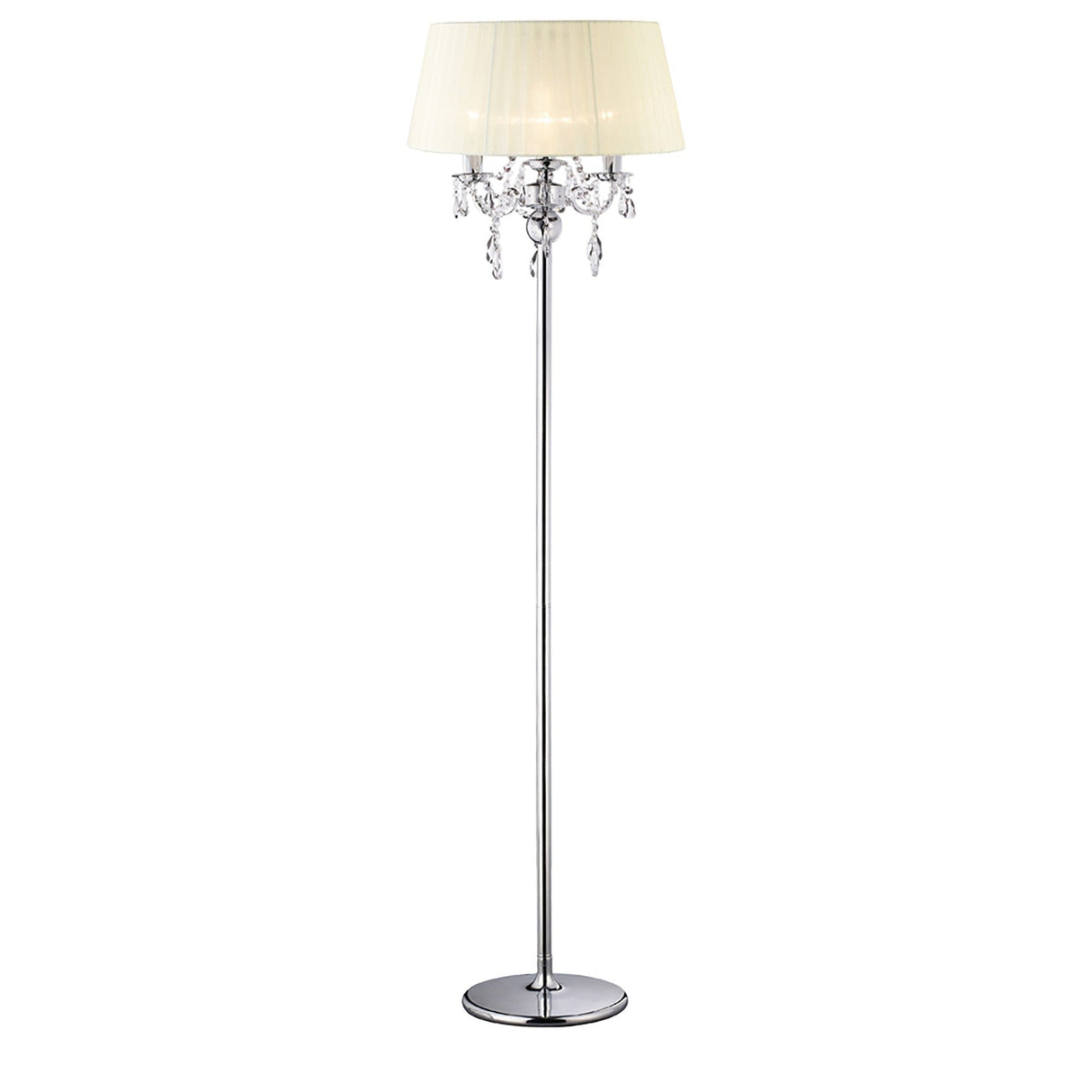 The Olivia 3 Light Crystal Floor Lamp features a tall chrome stand, circular base, cream shade, and decorative hanging crystal accents.