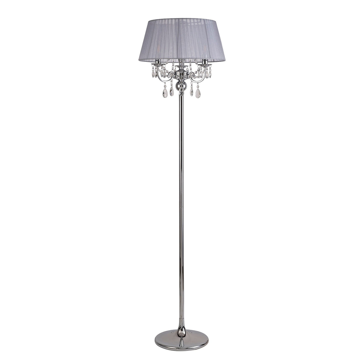 The Olivia 3 Light Crystal Floor Lamp features a chrome base and stand, a grey shade, and decorative hanging crystal accents for a modern look.
