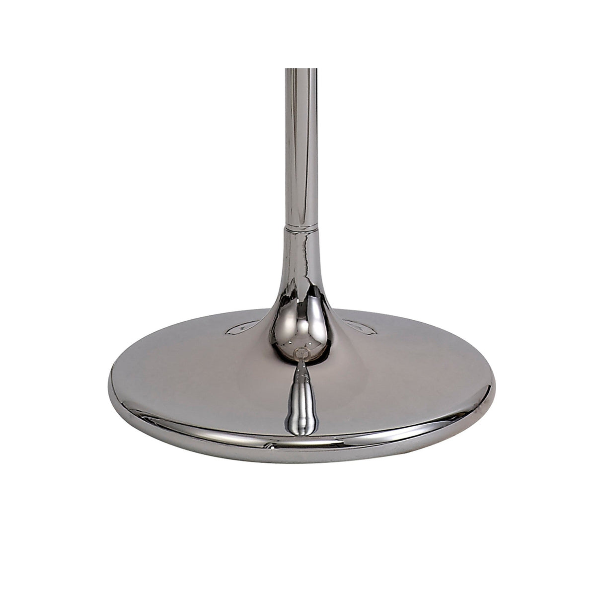 Close-up of the shiny, round chrome base and lower stem of the Olivia 3 Light Crystal Floor Lamp with grey shade, isolated on a white background.