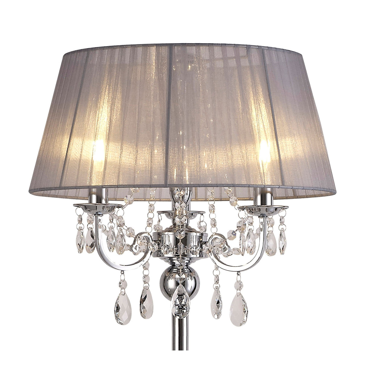The Olivia 3 Light Crystal Floor Lamp in chrome with a grey shade features crystal pendants on ornate arms and two visible bulbs, bringing a modern, elegant touch to any room.