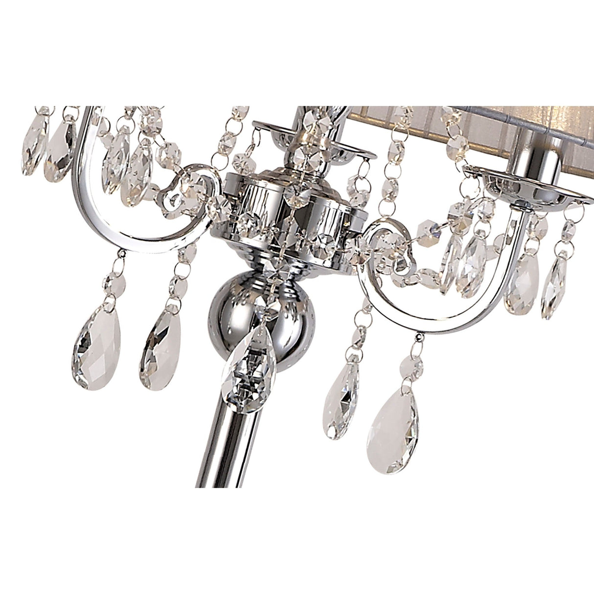Close-up of a shiny chrome chandelier with clear crystal droplets, reflecting light for elegance—perfectly complementing the Olivia 3 Light Crystal Floor Lamp in chrome with a grey shade.