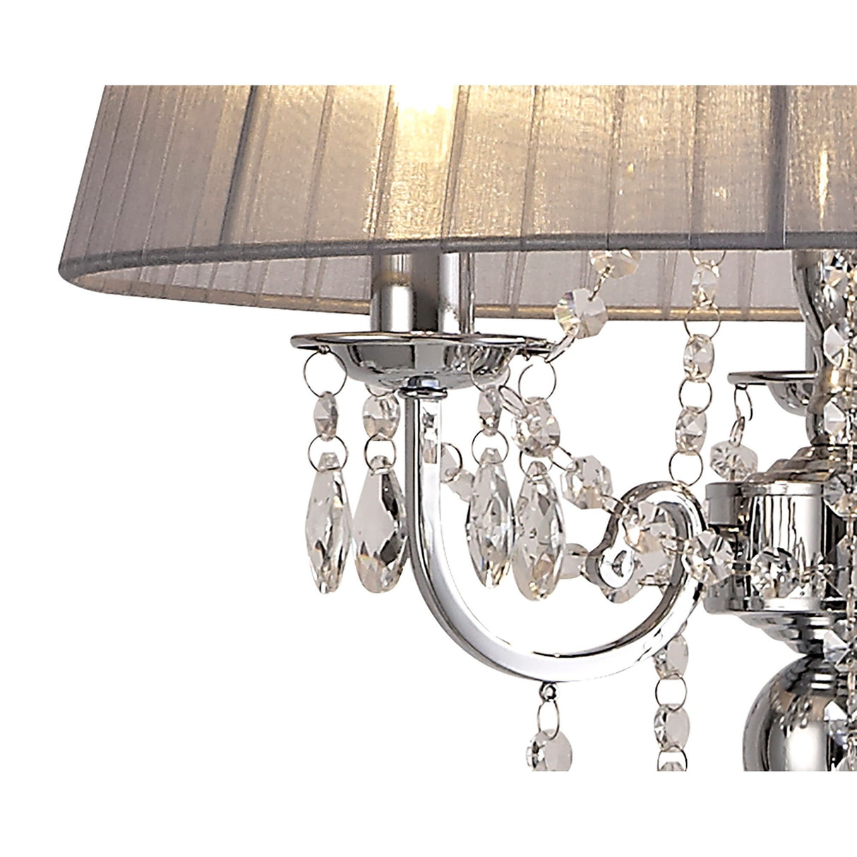 Close-up of the Olivia 3 Light Crystal Floor Lamp featuring a chrome arm, grey translucent shade, and hanging crystal ornaments, partially illuminated.