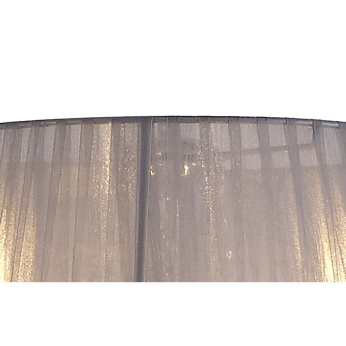 A close-up of the Olivia 3 Light Crystal Floor Lamp in chrome shows its grey shade with sheer fabric, softly diffusing light to create a warm, inviting glow.