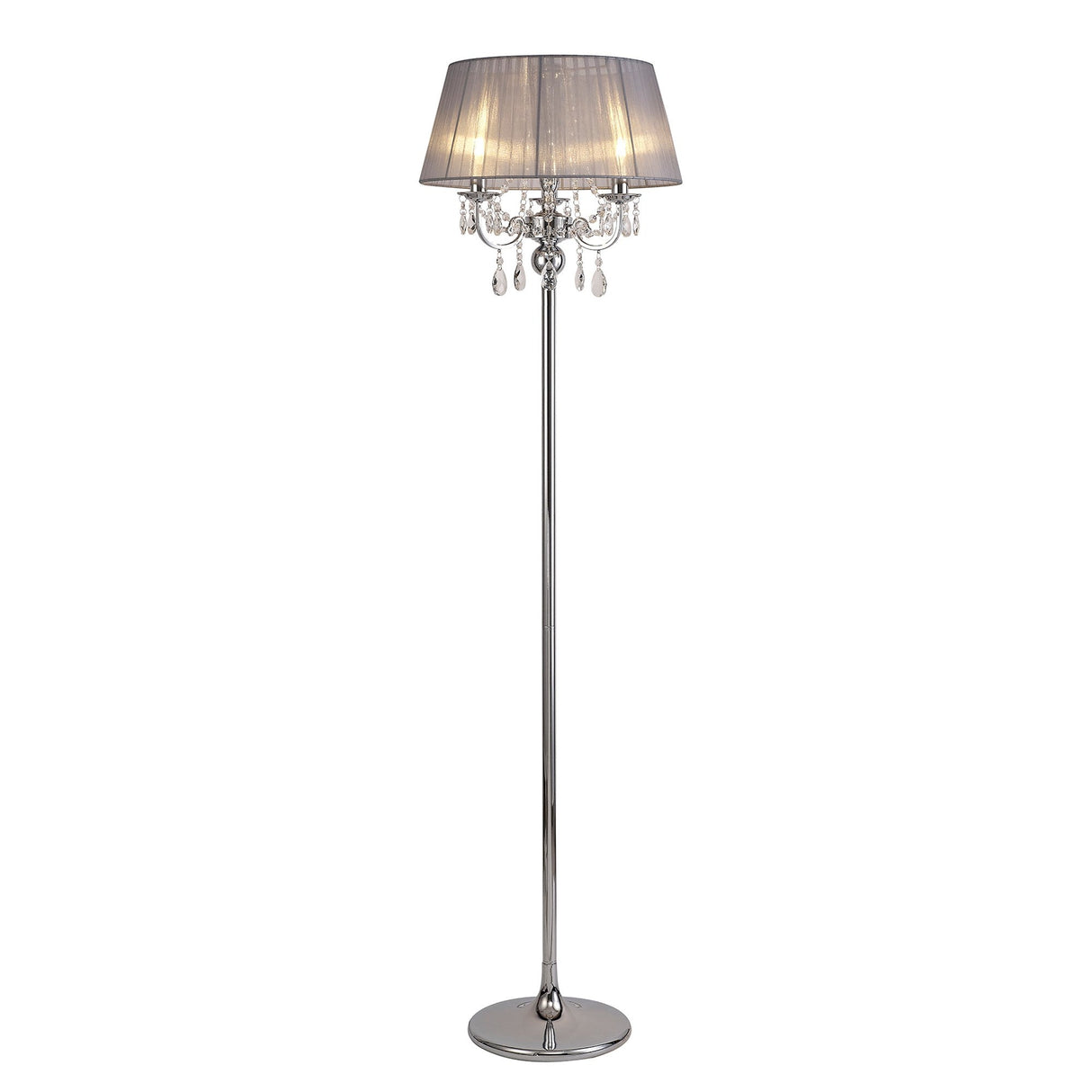 The Olivia 3 Light Crystal Floor Lamp features a chrome metal stand, round base, grey fabric shade, and sparkling hanging crystals below the shade.