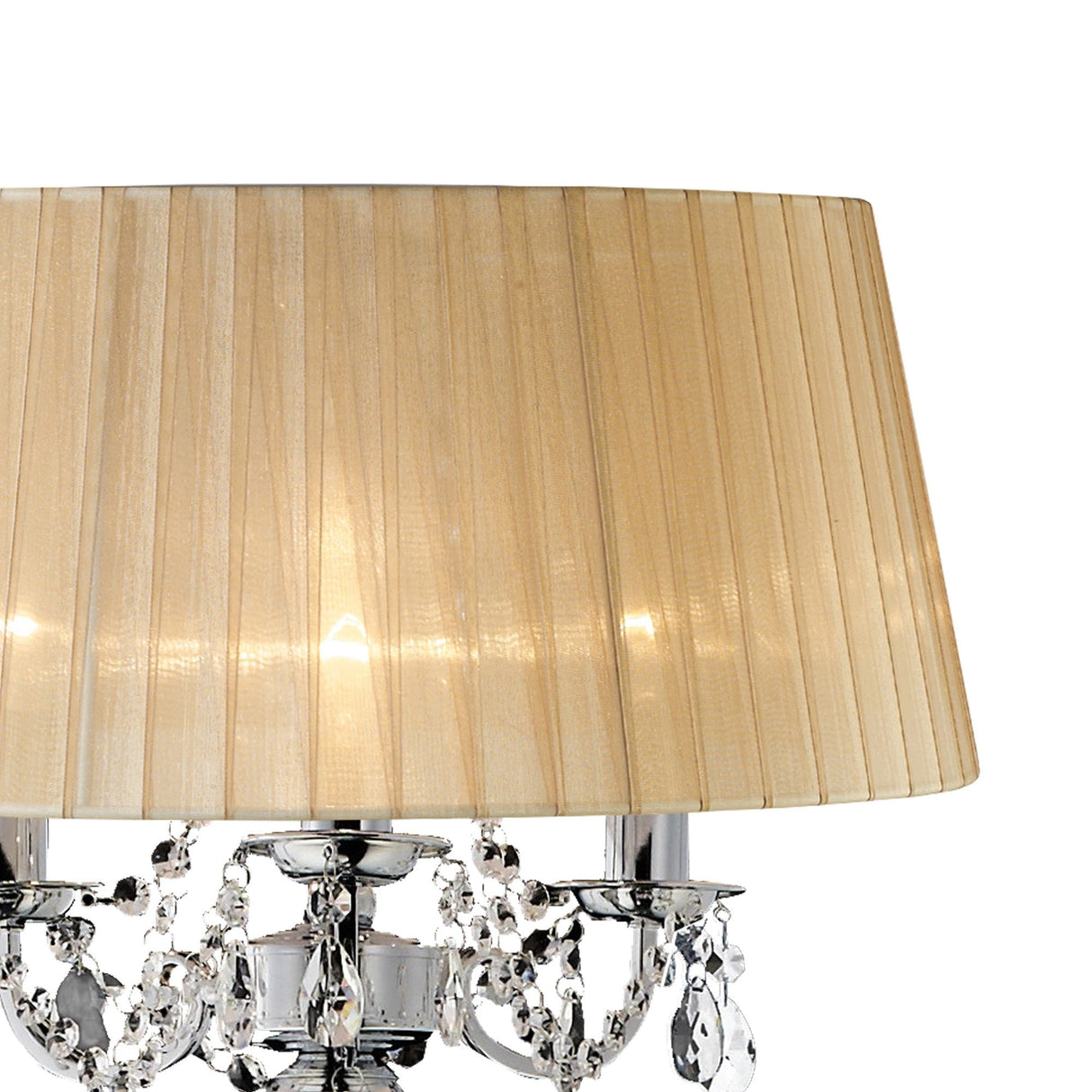 A close-up of the Olivia 3 Light Crystal Floor Lamp, featuring a chrome base with hanging crystal accents and a bronze shade.