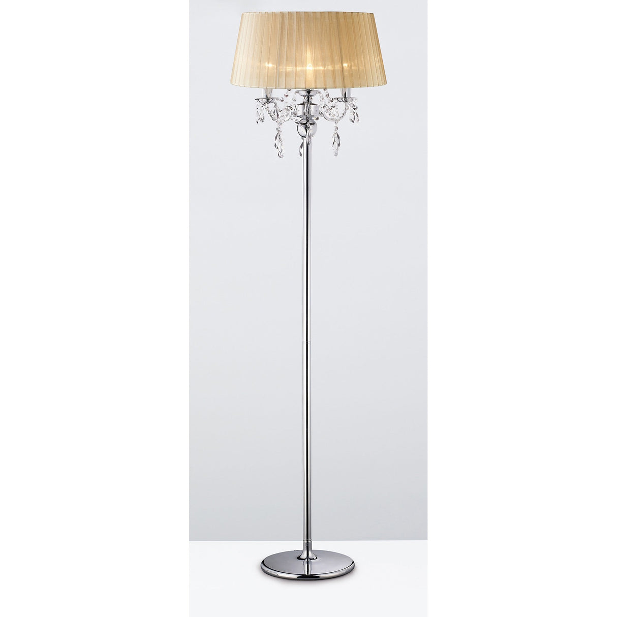 The Olivia 3 Light Crystal Floor Lamp features hanging crystal accents, a slim chrome stand with a round base, and a bronze pleated shade, all shown against a plain white background.