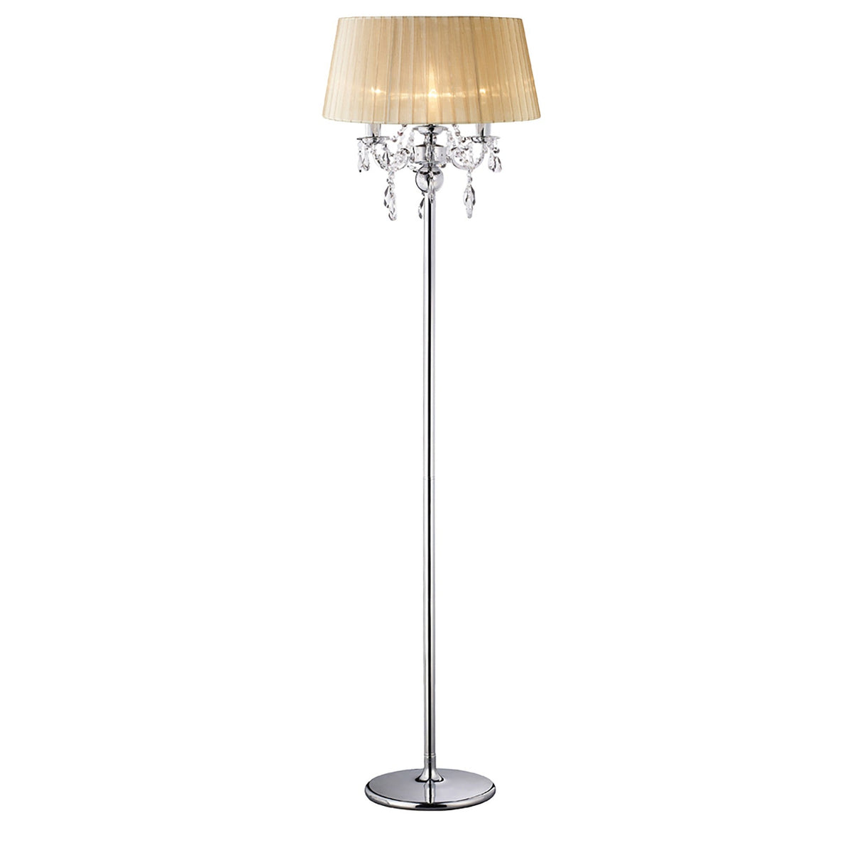 The Olivia 3 Light Crystal Floor Lamp features a chrome stand, bronze pleated shade, round base, and decorative dangling crystal accents for an elegant modern touch.