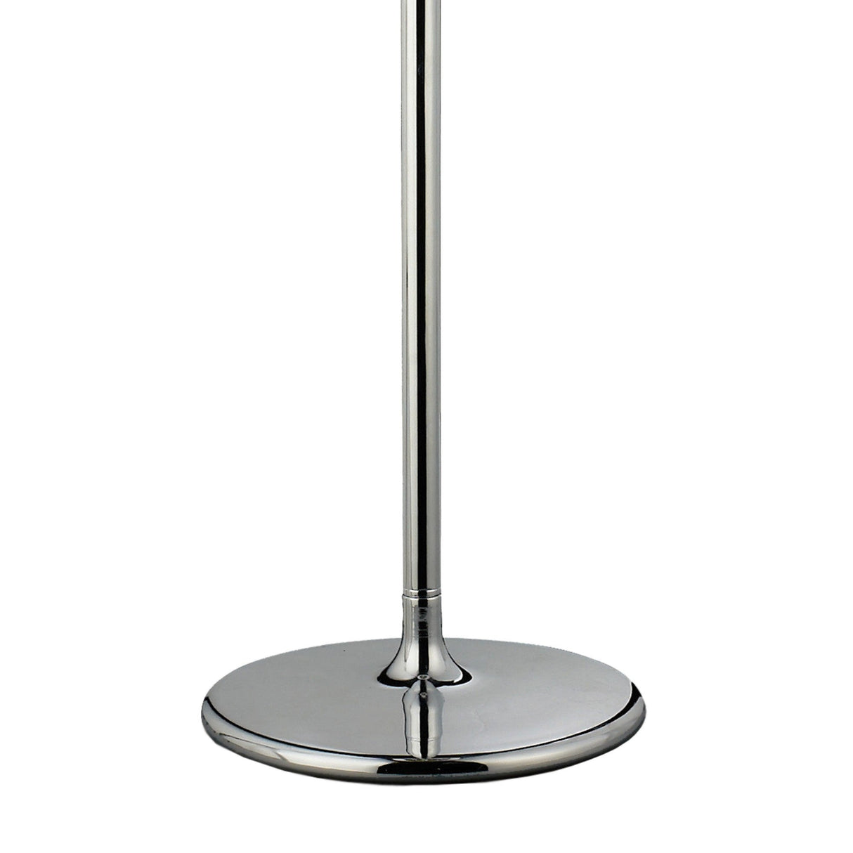 A close-up of the base and lower section of the Olivia 3 Light Crystal Floor Lamp in chrome with a flat, circular chrome base, shown against a plain white background.