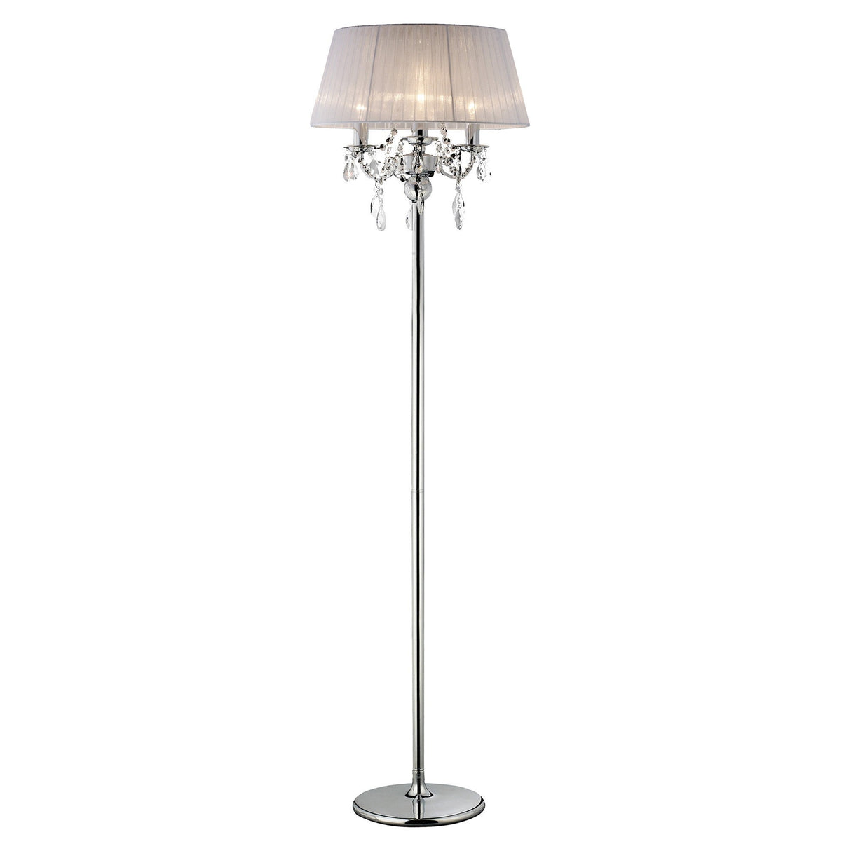 The Olivia 3 Light Crystal Floor Lamp features a tall chrome stand, round base, white pleated shade, and decorative crystal accents hanging beneath the shade—a stylish addition to any room.