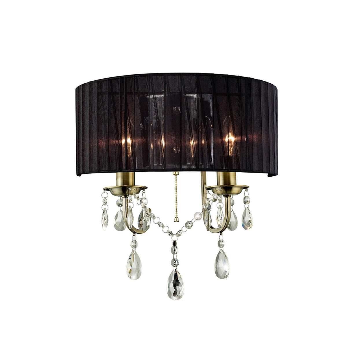 Olivia 2 Light Crystal Wall Light With Switch - Brass With Black Shade