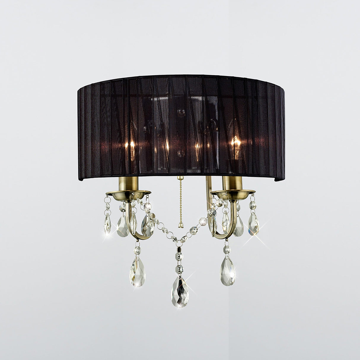 Olivia 2 Light Crystal Wall Light With Switch - Brass With Black Shade