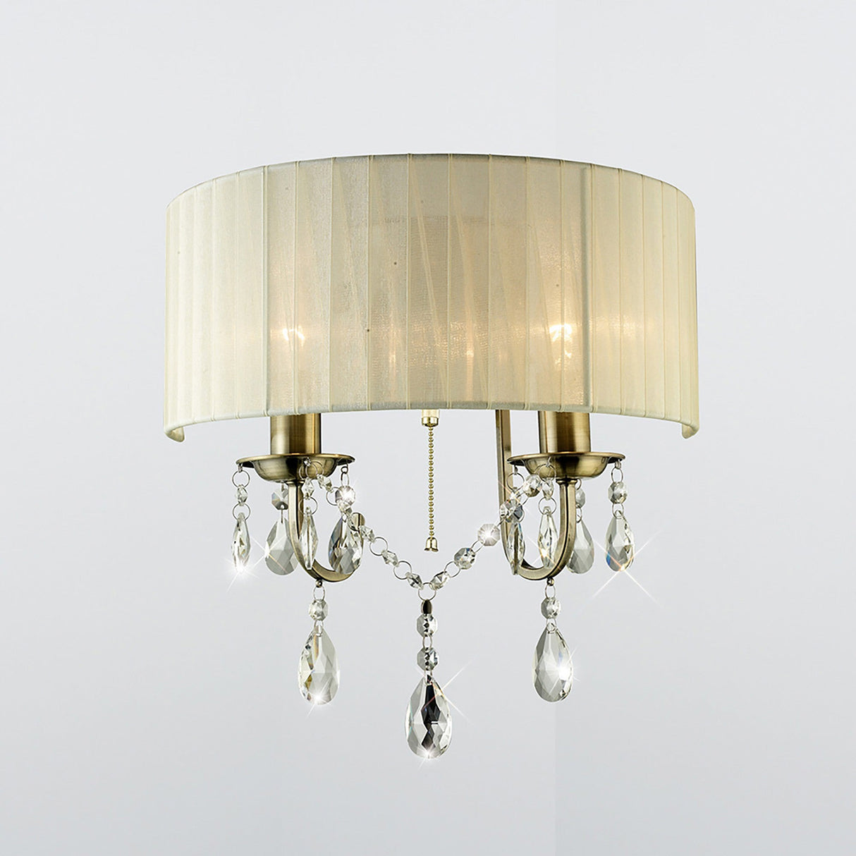 Olivia 2 Light Crystal Wall Light With Switch - Brass With Cream Shade