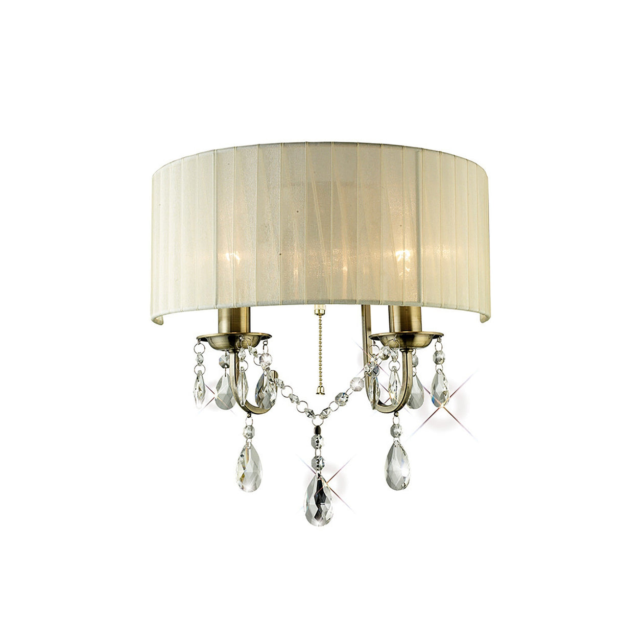 Olivia 2 Light Crystal Wall Light With Switch - Brass With Cream Shade