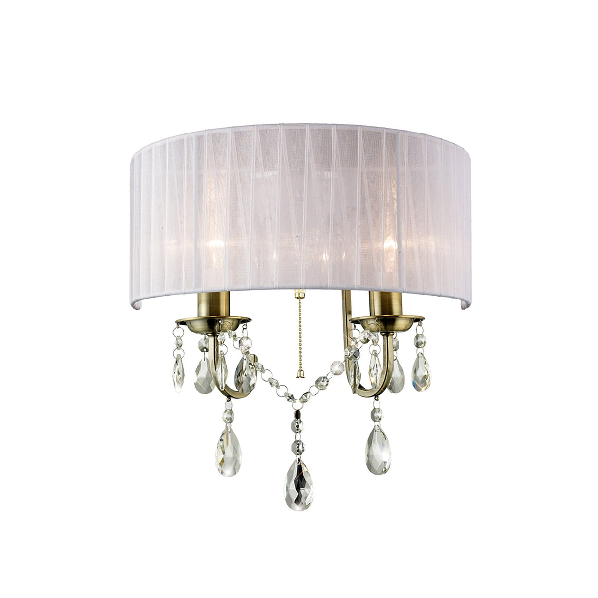 Olivia 2 Light Crystal Wall Light With Switch - Brass With White Shade