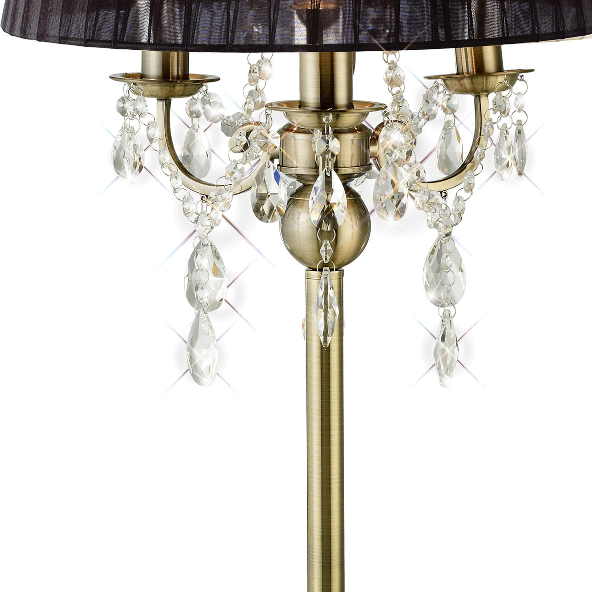 Close-up of the Olivia 3 Light Crystal Table Lamp in brass with a black shade, featuring ornate arms and hanging crystal decorations with small prisms that reflect light and create sparkling effects.