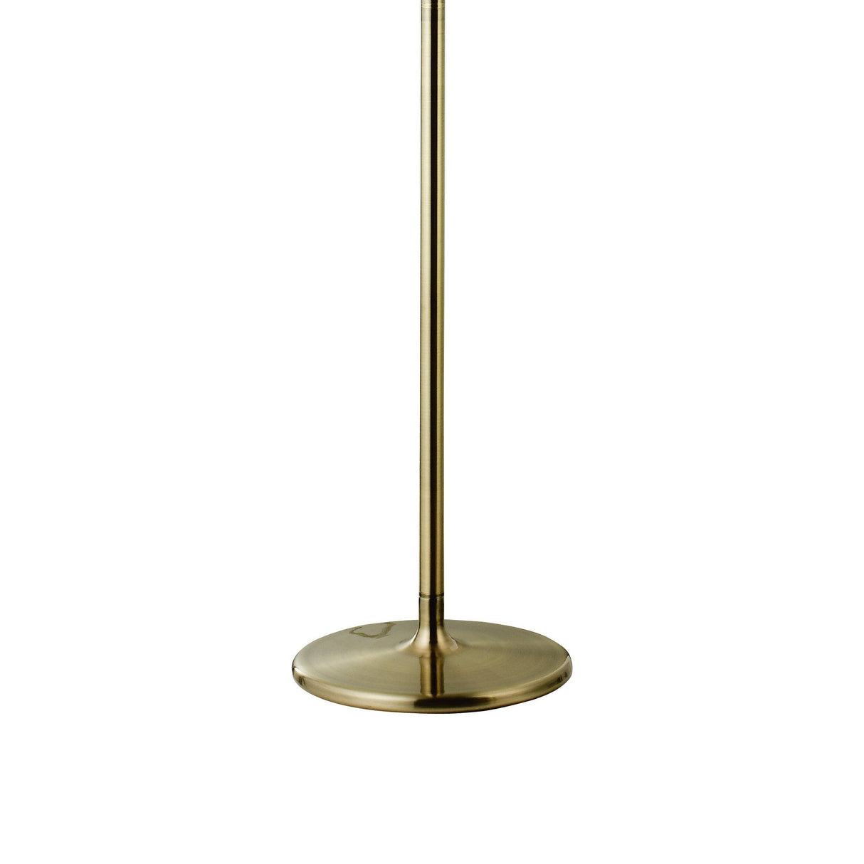 A close-up of the base and lower part of the Olivia 3 Light Crystal Floor Lamp in brass with a black shade. This tall, slim lamp features a round, flat base and sleek design, adding elegance to contemporary interiors.