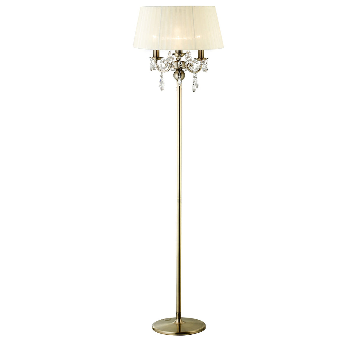 The Olivia 3 Light Crystal Floor Lamp features a brass finish, a round base, a cream pleated shade, and elegant crystal accents beneath the shade for a chandelier-inspired look.