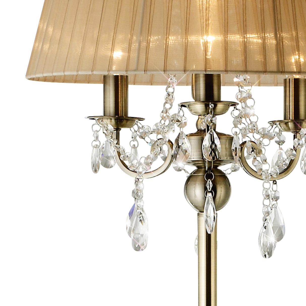 A close-up of the Olivia 3 Light Crystal Floor Lamp in brass with a bronze shade, featuring elegant arms and hanging crystal ornaments for a luxurious, classic look.