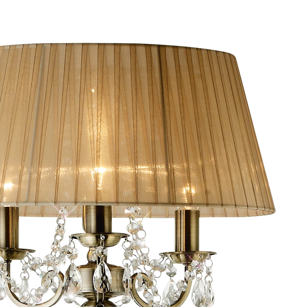 A close-up of the Olivia 3 Light Crystal Floor Lamp in brass with crystal accents and a bronze shade, set against a white background.