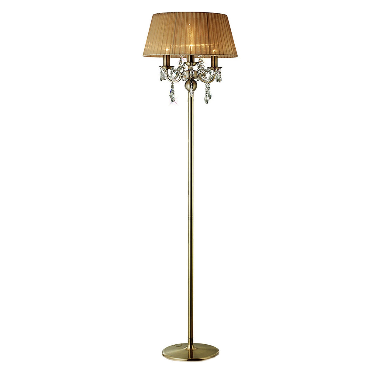 The Olivia 3 Light Crystal Floor Lamp features a brass finish, bronze shade, and elegant crystal accents, enhancing any room with its sophisticated design.
