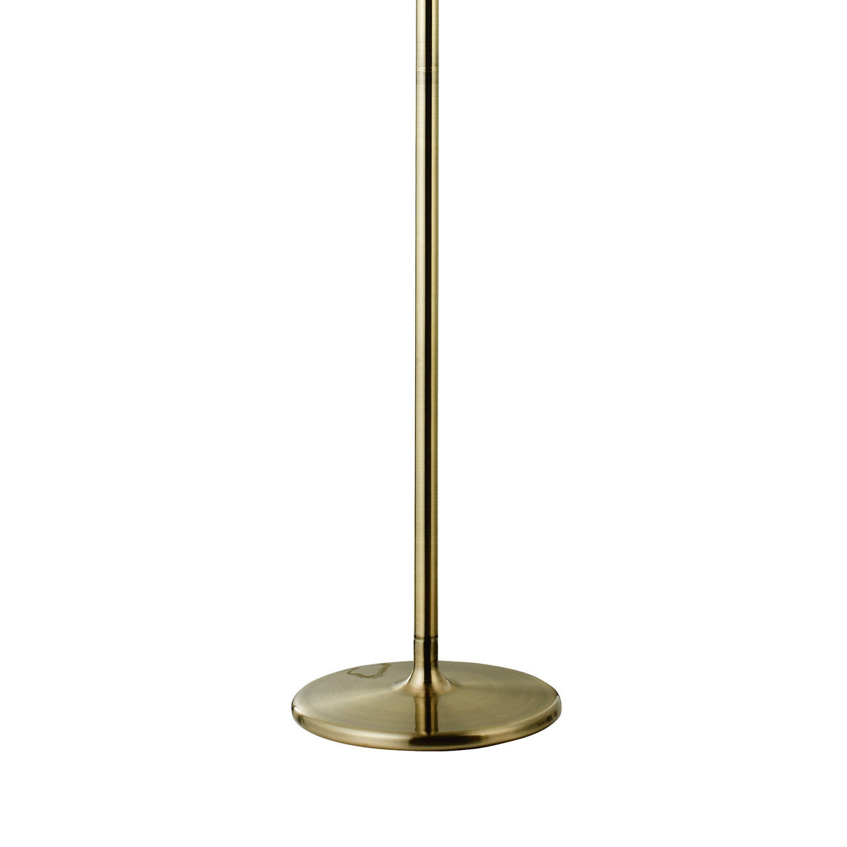A close-up of the Olivia 3 Light Crystal Floor Lamp in brass with a round, shiny base and slim pole, shown against a plain white background.