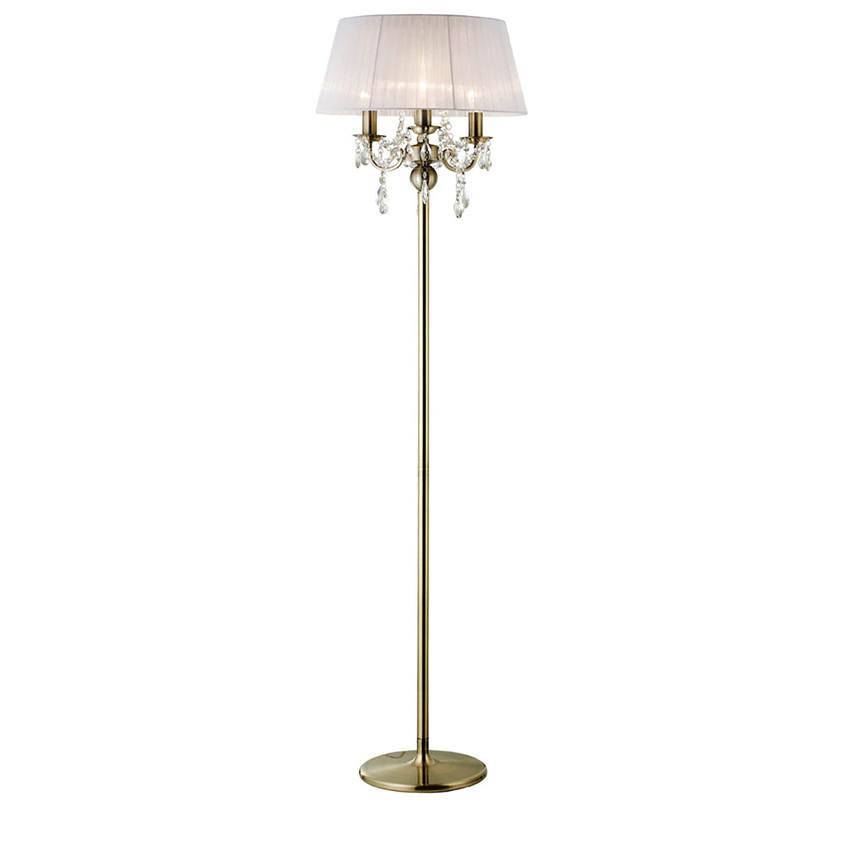 The Olivia 3 Light Crystal Floor Lamp features a tall brass base, a round foundation, white fabric shade, and elegant crystal accents hanging below the shade.