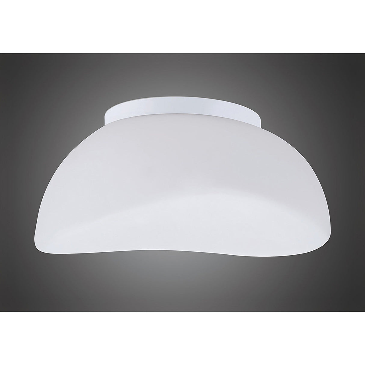 Mantra Opal 3 light flush ceiling fixture with frosted white glass dome and polished chrome mount, shown against a grey background.