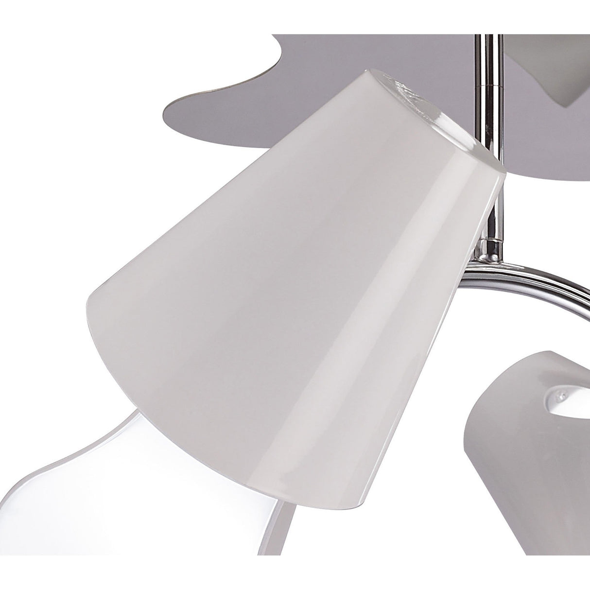 Close-up of Mantra Ora semi-flush ceiling light showing a gloss white curved shade with opal diffuser on a polished chrome arm.