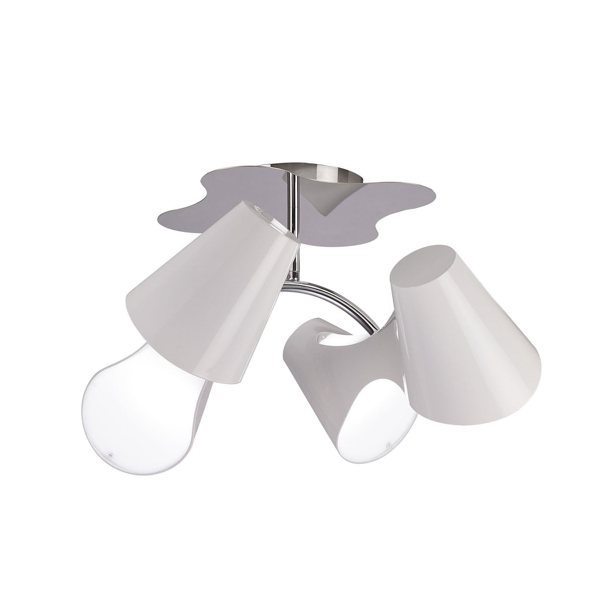 Mantra Ora 4 light semi-flush ceiling light with gloss white curved shades and polished chrome hub, shown on a plain white background.