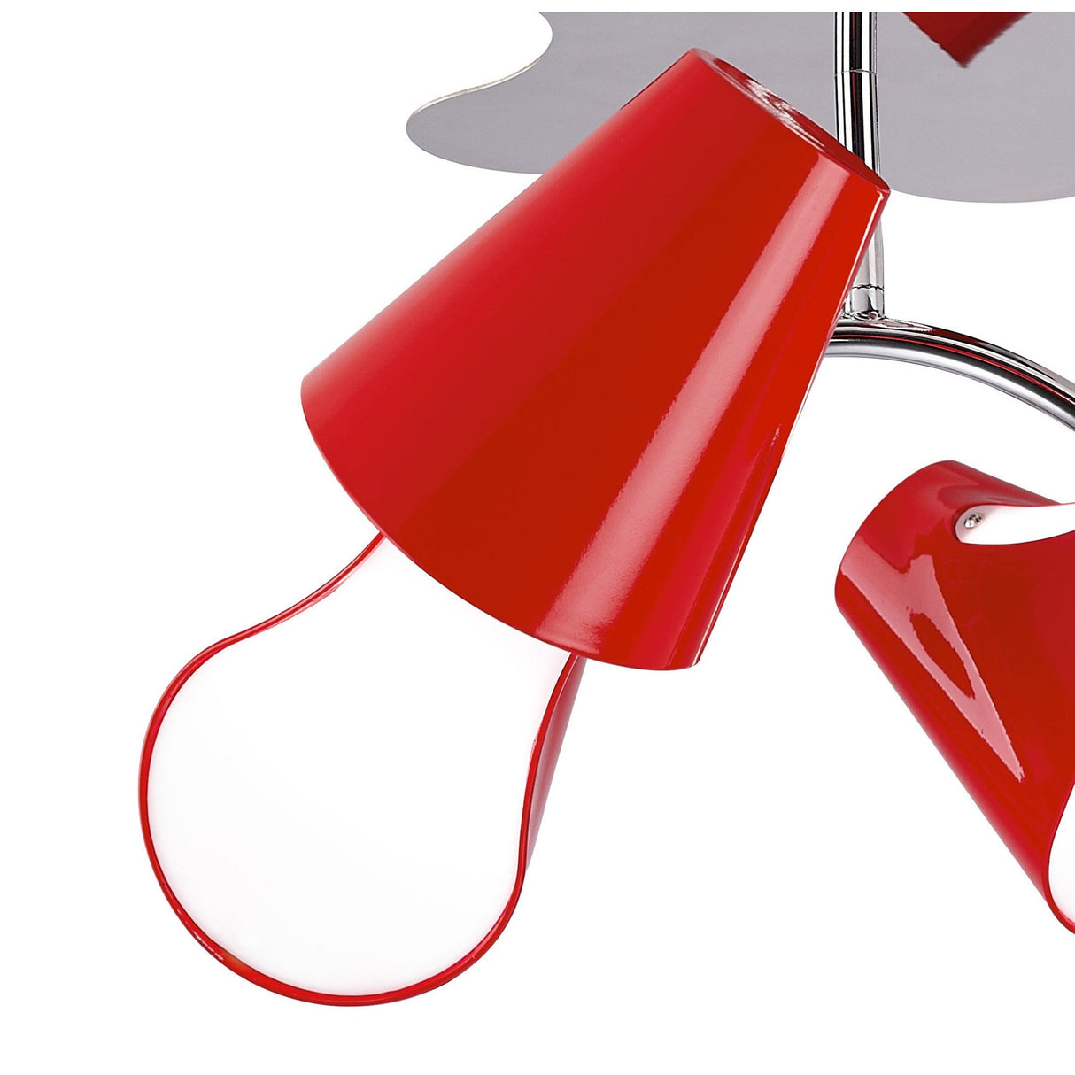 Close-up of Mantra Ora semi-flush ceiling light showing gloss red ABS shades with opal diffusers on a polished chrome frame.