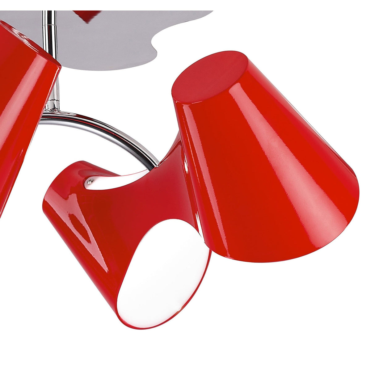 Close-up of Mantra Ora 4 Light Semi-Flush Ceiling Light showing gloss red ABS shades curving outward from a polished chrome stem and base plate.