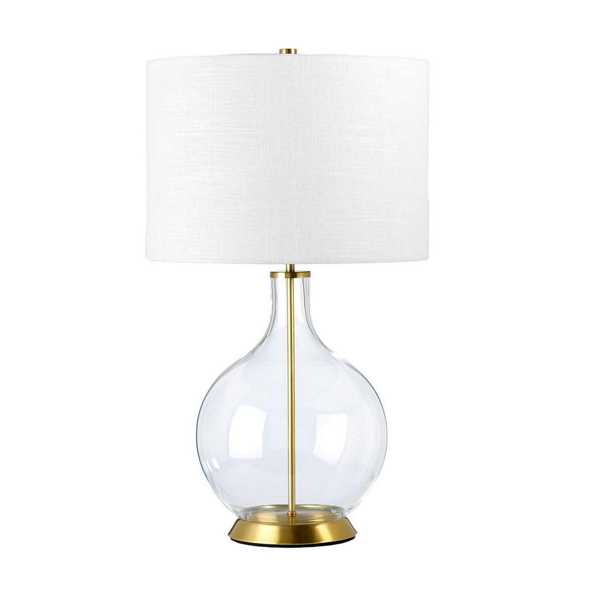 Introducing the Orb 1 Light Table Lamp, featuring a sleek clear glass orb base with a rounded design and an aged brass stand, elegantly topped with a large white fabric drum shade.